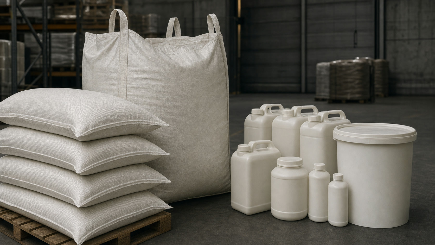 Plain off-white woven polypropylene sacks and a jumbo bag beside unlabelled HDPE jerry cans, bottles, jars, and a closed-lid drum in a dark warehouse.